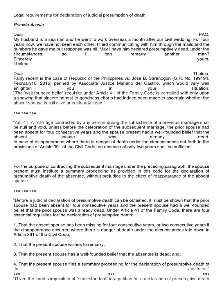 Legal Requirements For Declaration of Judicial Presumption of Death PAO