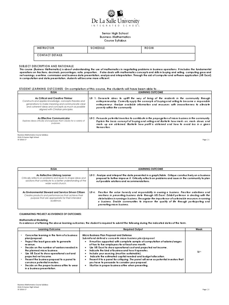Business Mathematics Course Syllabus | PDF | Fraction (Mathematics ...