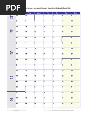 2014 Weekly Calendar Monday