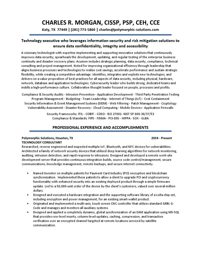 Information Security Officer in Orlando FL Resume Charles Morgan | PDF ...
