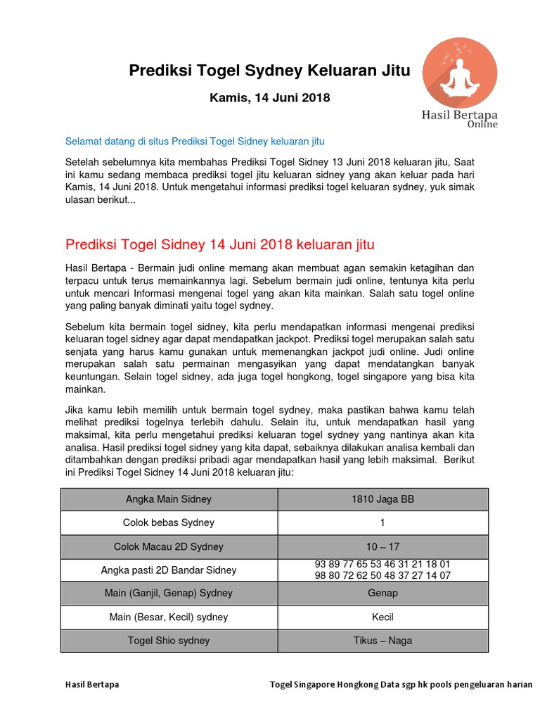 Prediksi Togel Sidney 14 Juni 2018 Keluaran Jitu - Hasil Bertapa | Pdf