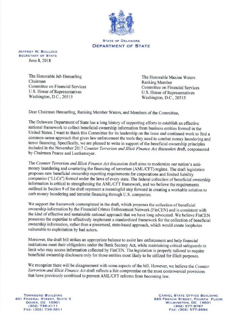 Delaware Letter Supporting Beneficial Ownership Transparency | PDF