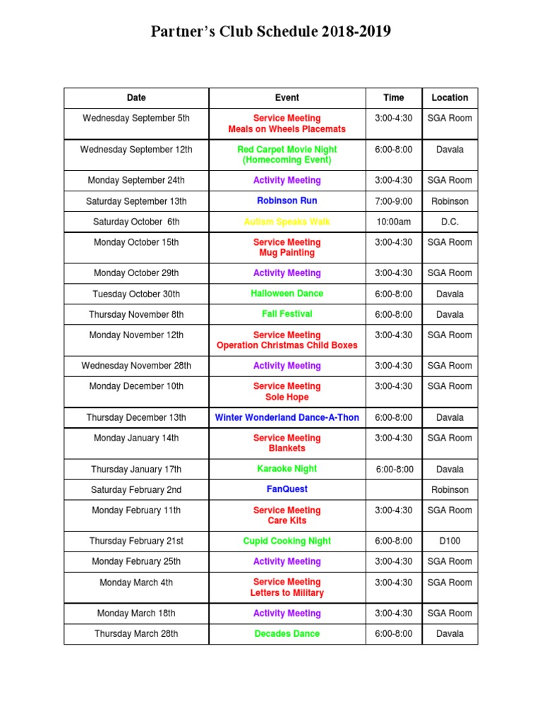 Partner's Club 2018-2019 Schedule | PDF