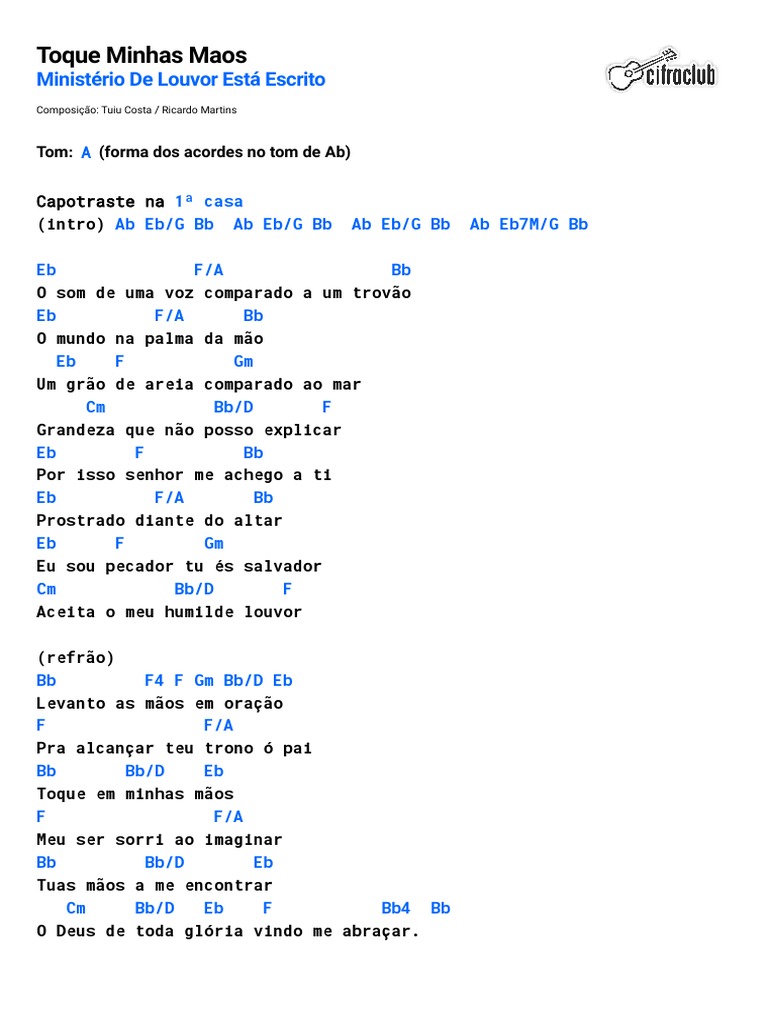 Cifra Club - Ministério de Louvor Está Escrito - Toque Minhas Maos PDF ...