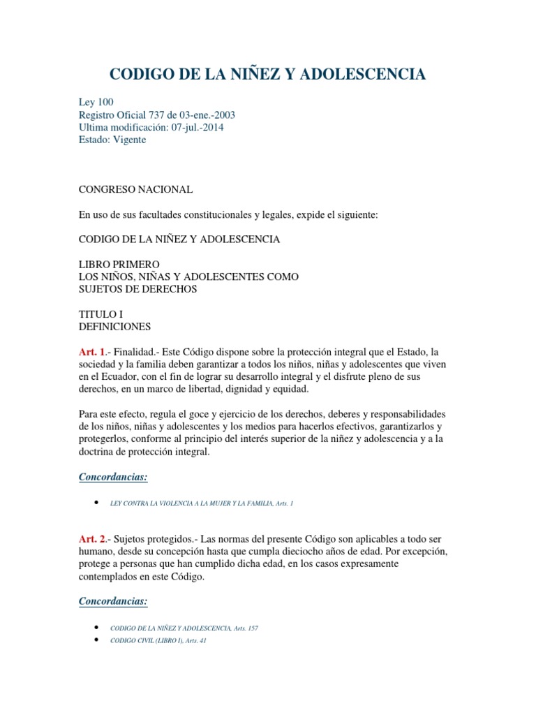Código de la Niñez y Adolescencia Ecuador | PDF | Familia | Discriminación