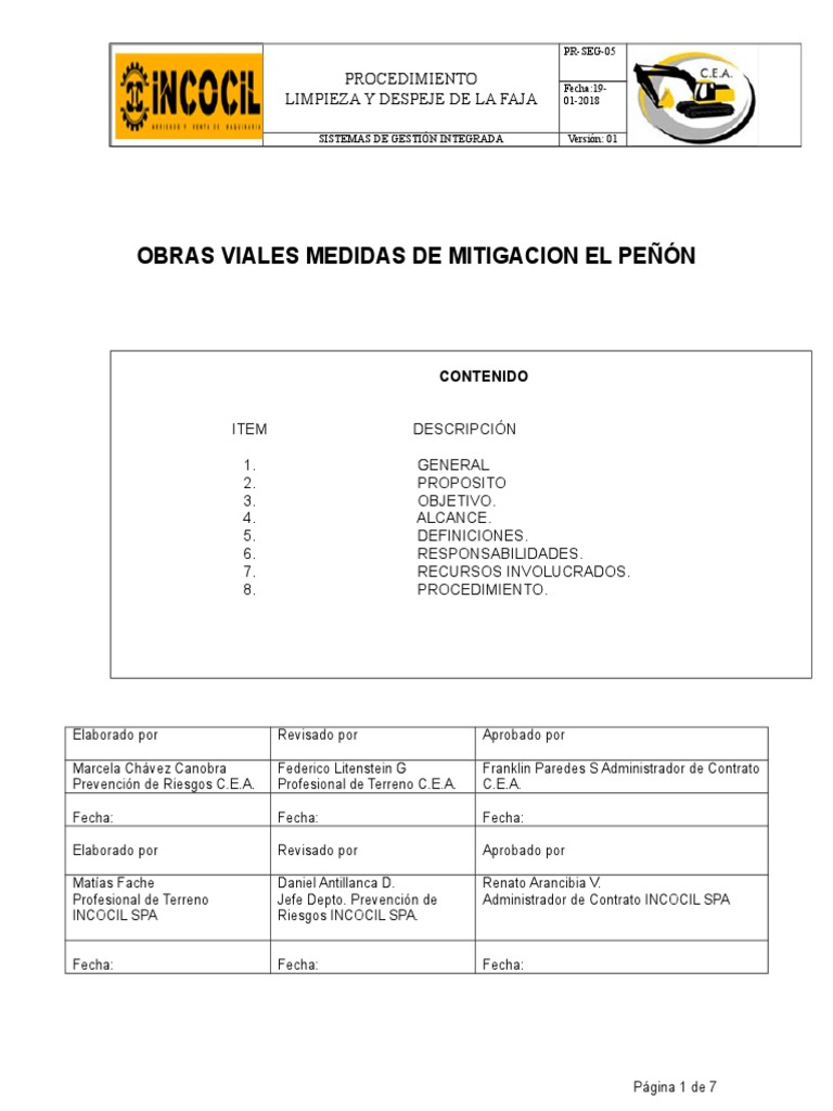 Procedimiento para la limpieza y despeje seguro de la faja de obra en ...