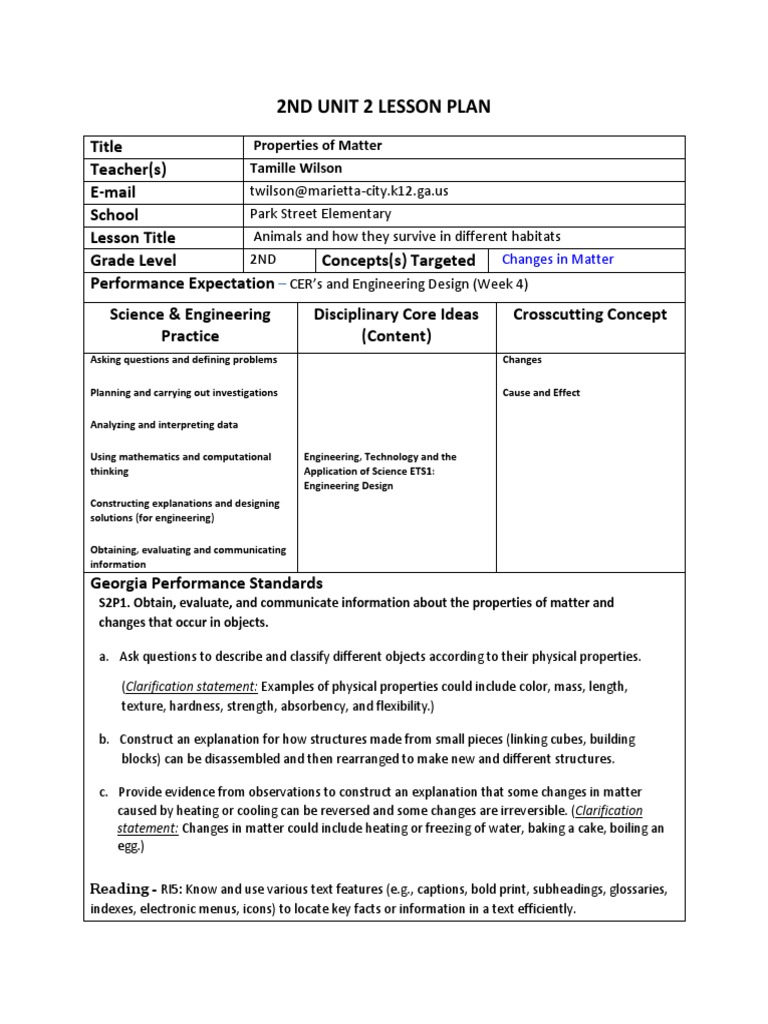 2Nd Unit 2 Lesson Plan | PDF | Teaching Mathematics | Matter