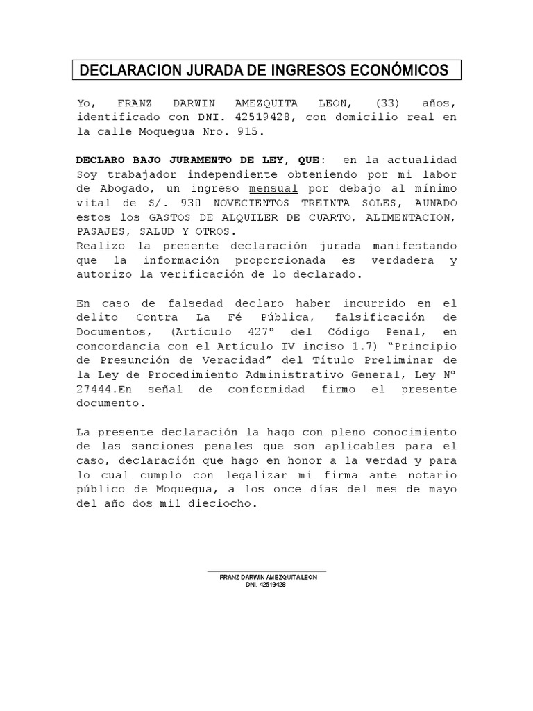 Declaración Jurada de Ingresos Económicos | PDF | Derecho