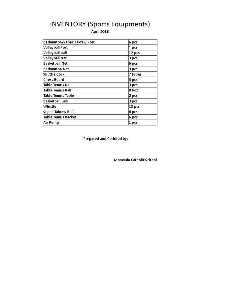 School Sports Equipment Inventory | PDF