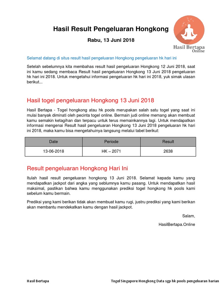 Result Hasil Pengeluaran Hongkong 13 Juni 2018 Pengeluaran Hk Hari Ini 2018 Hasil Bertapa Pdf