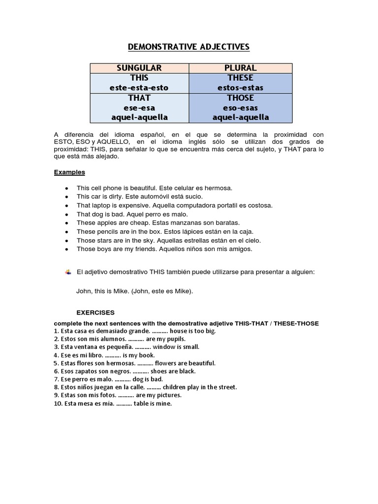 Ejercicios de Adjetivos Demostrativos en Inglés | PDF | Morfología ...