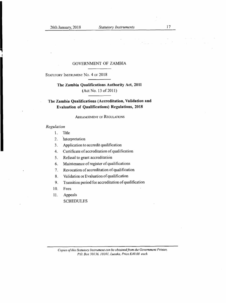 Statutory Instruments 17 The Zambia Qualifications Authority Act, 2011