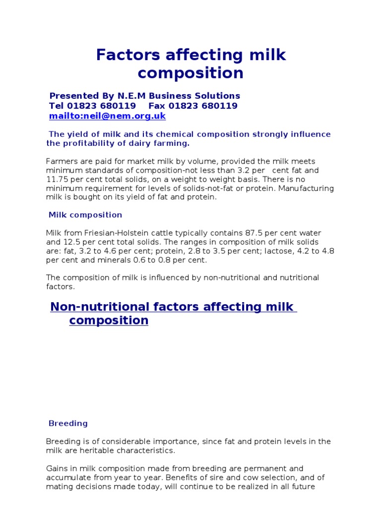 Factors Affecting Milk Composition Milk Cattle