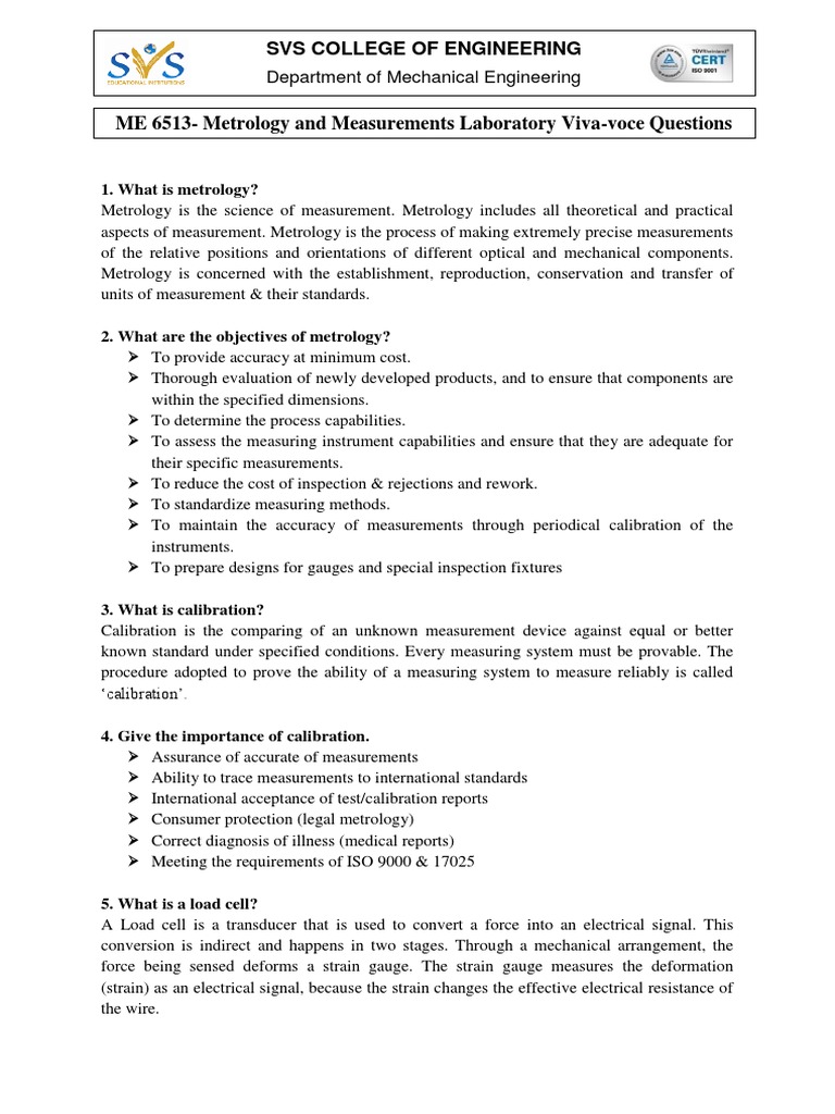 Metrology Lab Viva Voce Questions PDF Pressure Measurement Pressure