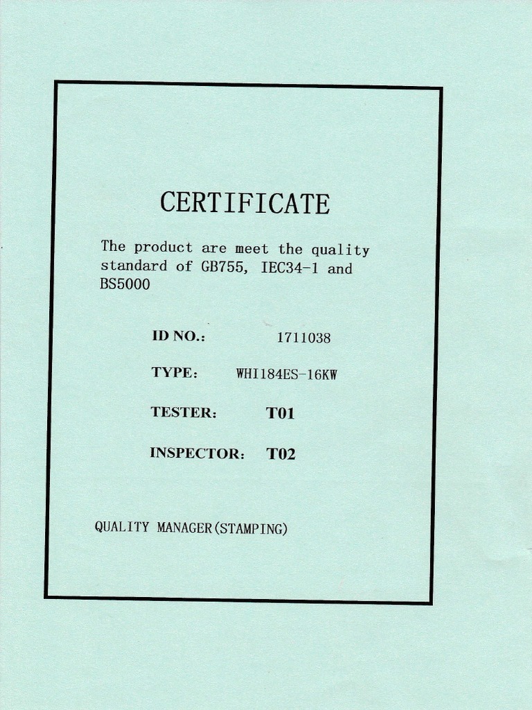 G8755 Quality Certificate for Genset | PDF
