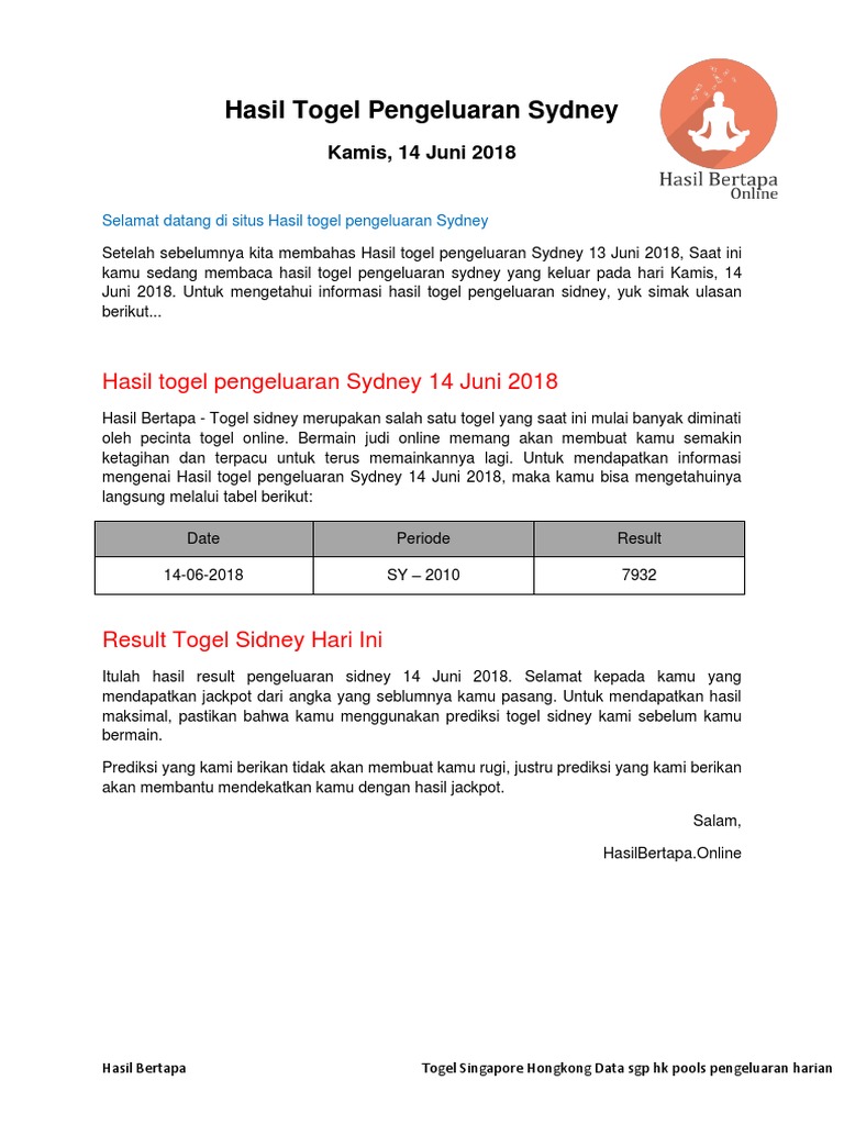 Hasil Togel Pengeluaran Sydney 14 Juni 2018 - Hasil Bertapa | Pdf