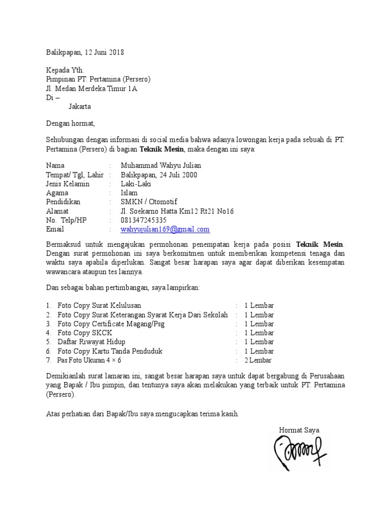 Surat Lamaran Pt Pertamina