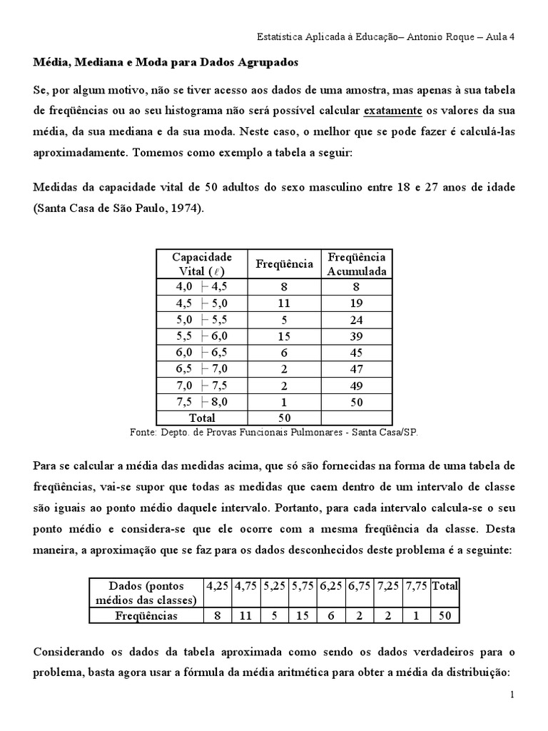 Mediana Dados Agrupados - Aula 4 | PDF | Mediana (Estatística) | Modo