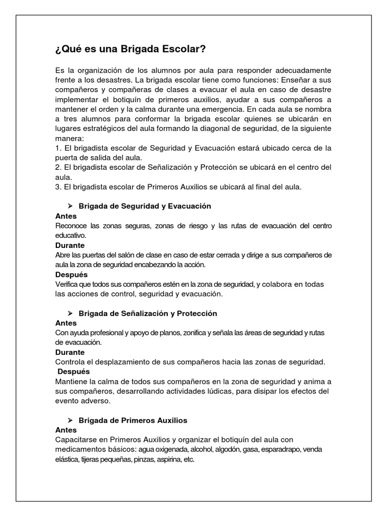 Funciones de la Brigada Escolar | PDF | Primeros auxilios | Salón de clases