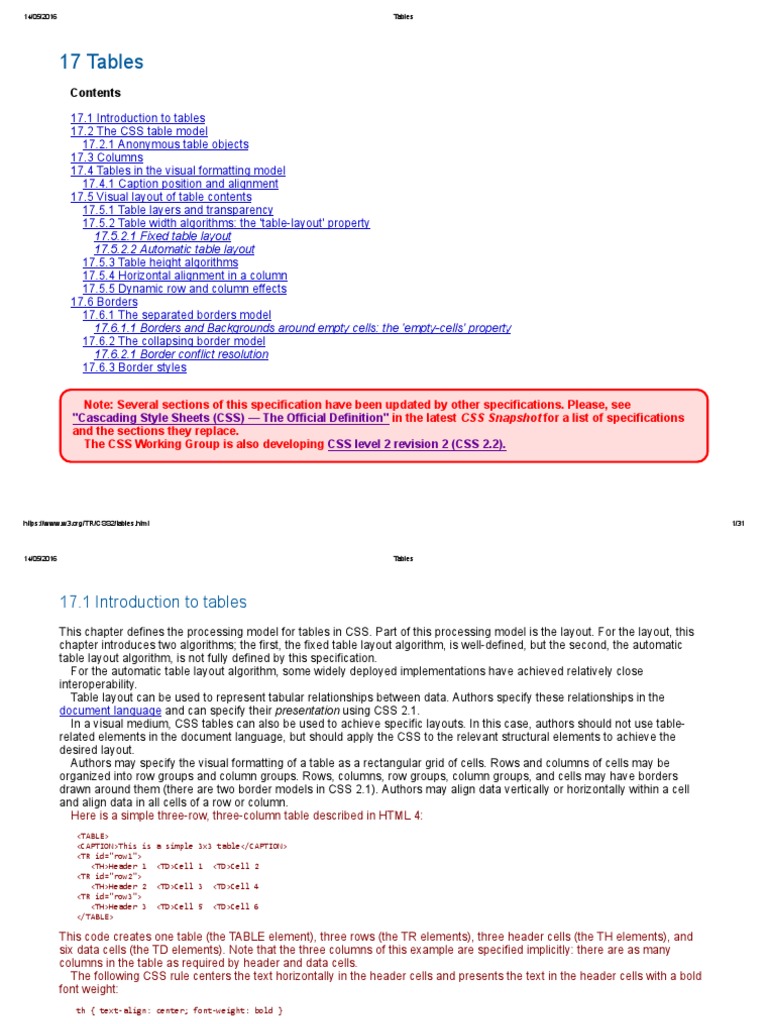 17 Tables 17.5.2.1 Fixed Table Layout 17.5.2.2 Automatic Table Layout