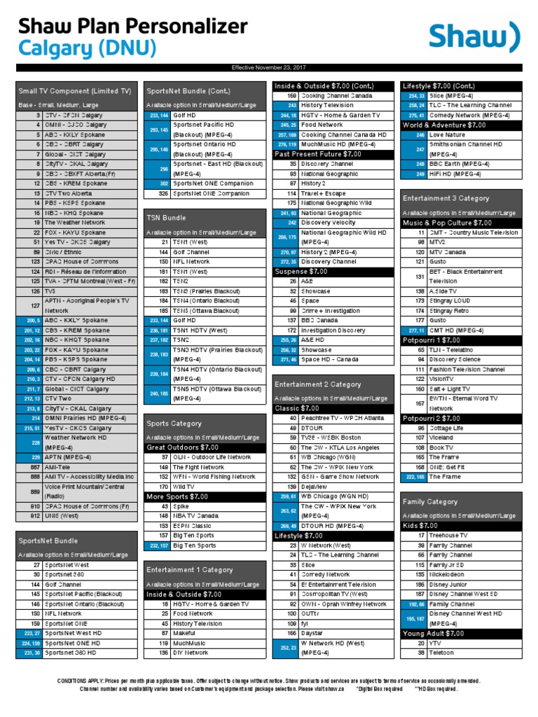 Shaw Channel Lineup Television Network News Broadcasting