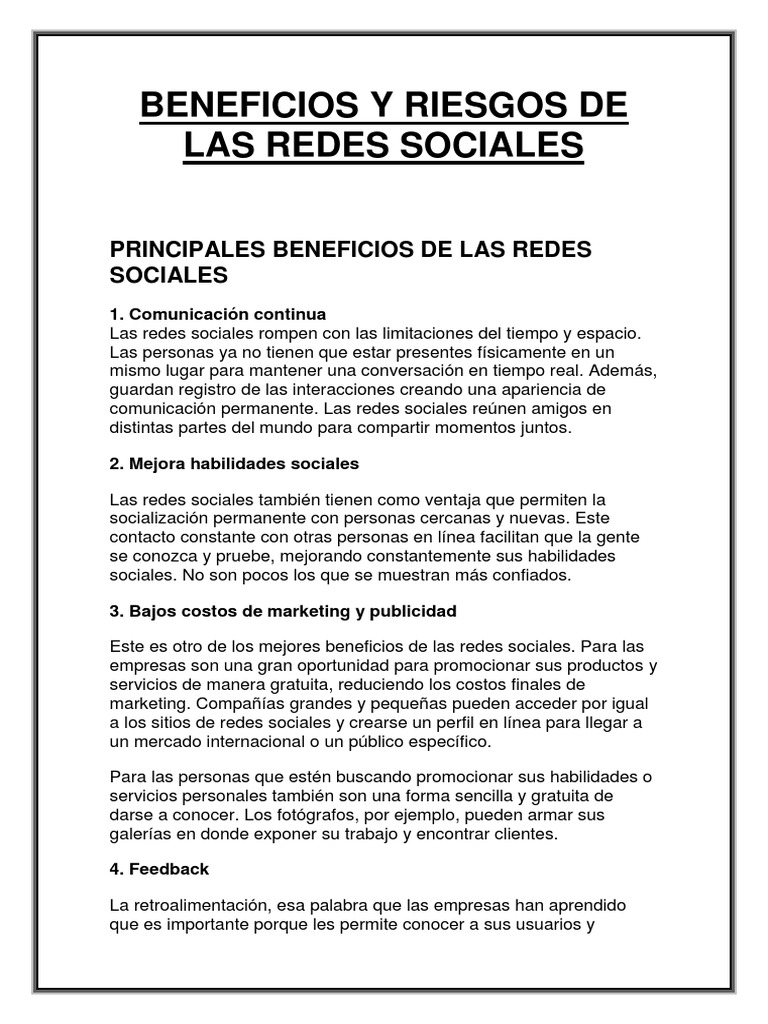 Beneficios y Riesgos de Las Redes Sociales | PDF | Servicio de redes ...