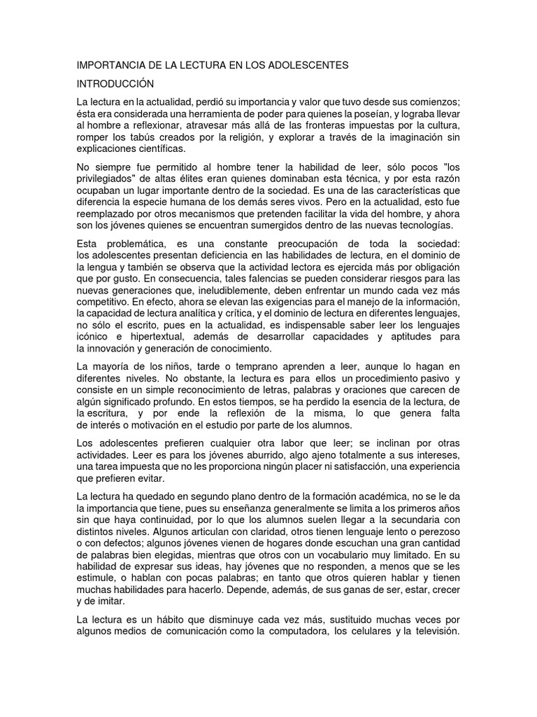 Importancia de la Lectura en Adolescentes | PDF | Literatura | Conocimiento