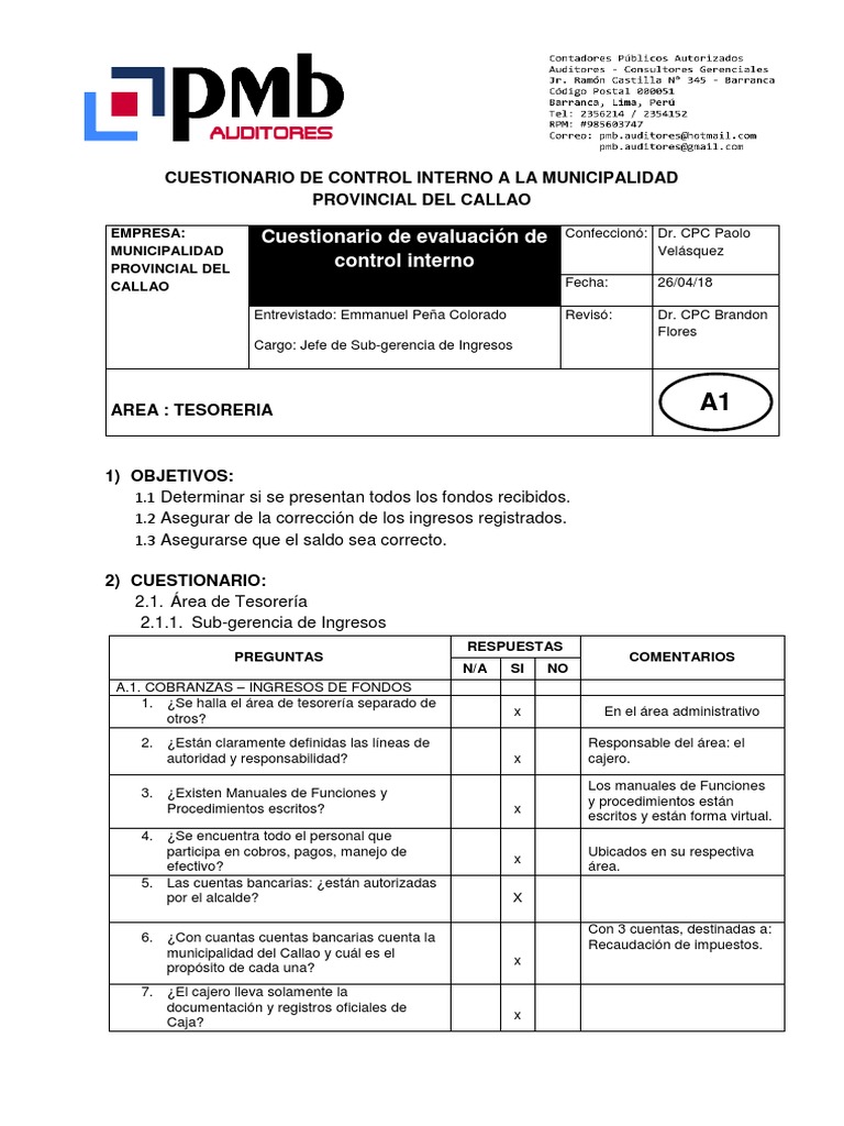 Cuestionario de Control Interno Ingresos 11 | PDF | Bancos | Presupuesto