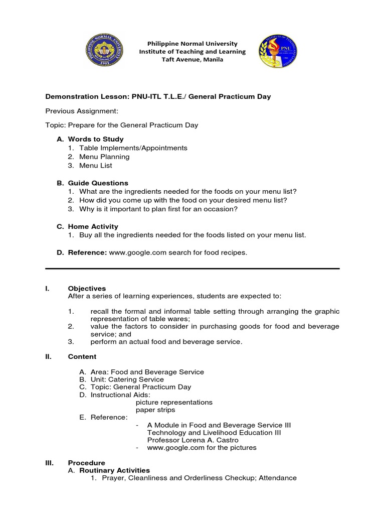 Grade 9 TLE General Practicum Guide | PDF | Rubric (Academic) | Foods
