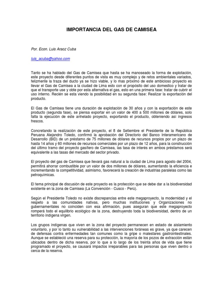 Impacto del Gas de Camisea en Perú | PDF | Perú | Biodiversidad
