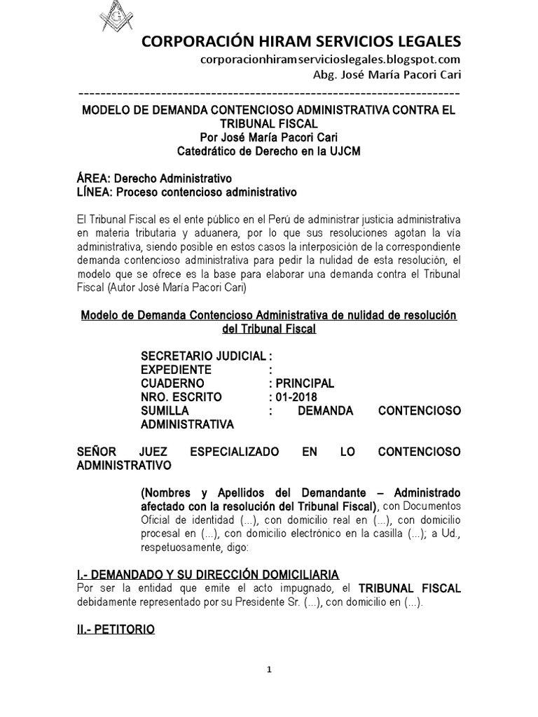 Modelo de Demanda Contencioso Administrativa Contra El Tribunal Fiscal -  Autor José María Pacori Cari | PDF | Nulo (ley) | Demanda judicial