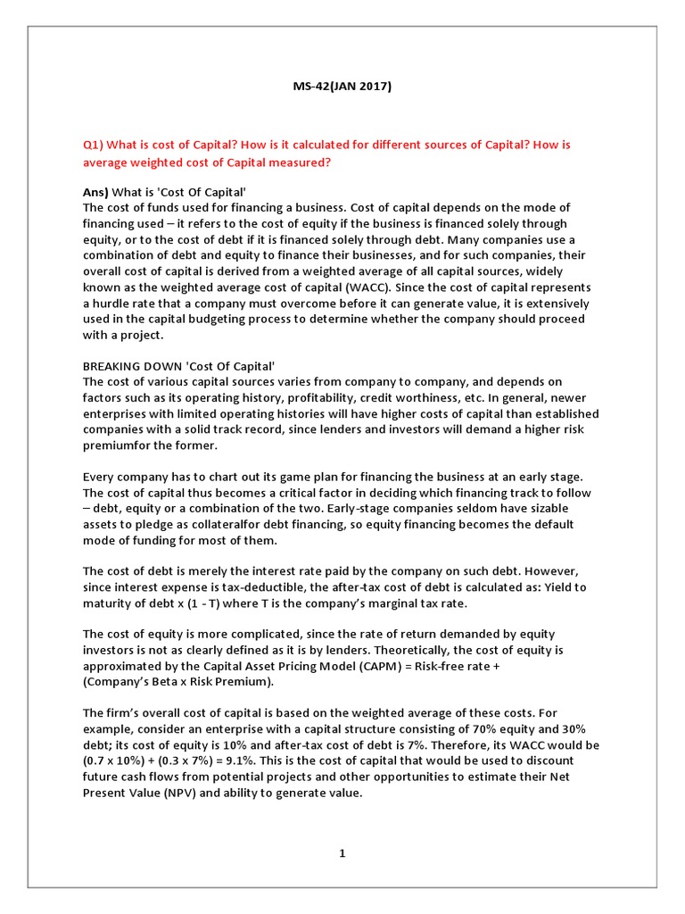 Q1) What Is Cost of Capital? How Is It Calculated For Different Sources