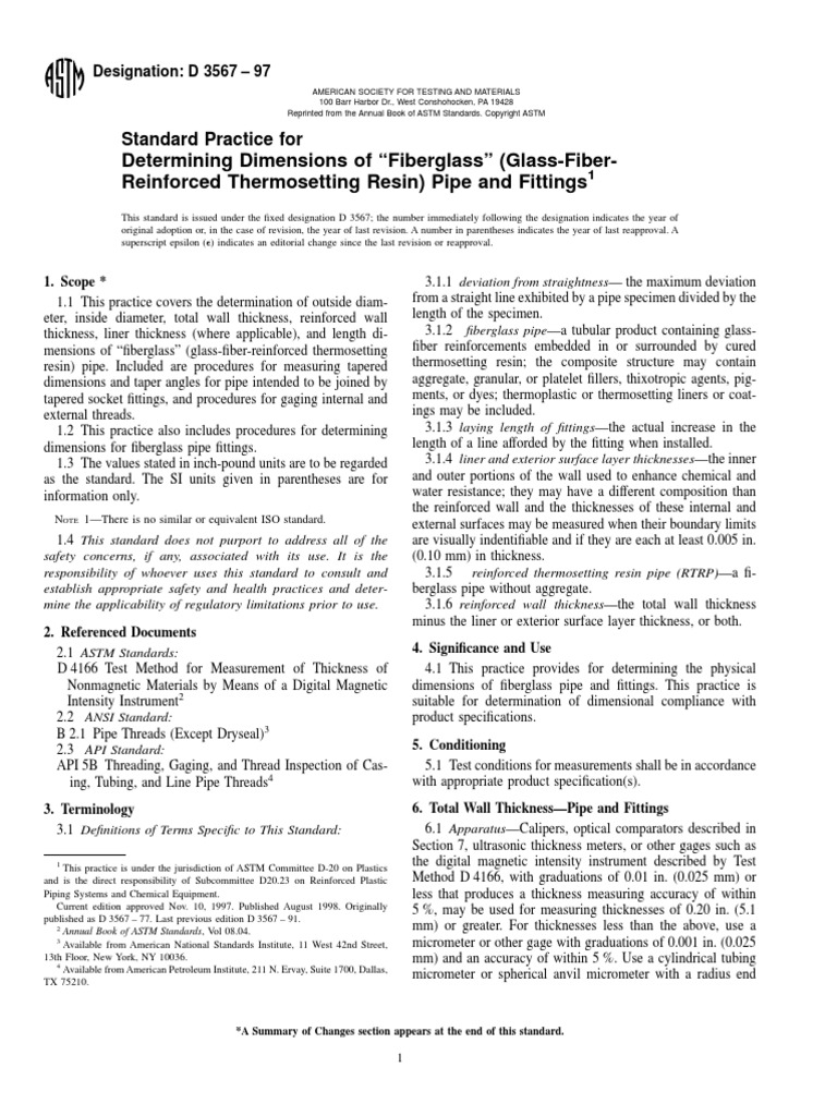 D3567 PDF Fiberglass Pipe (Fluid Conveyance)