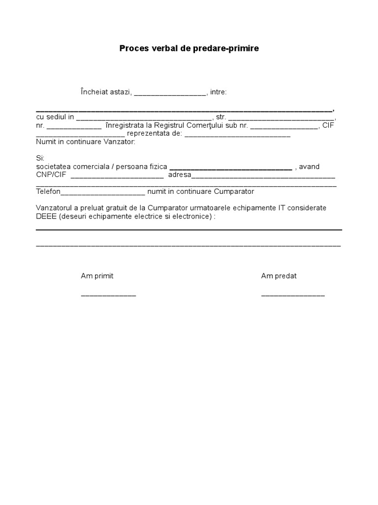 Proces Verbal Predare Primire | PDF