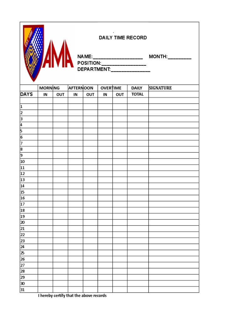 Daily Time Record Template | PDF
