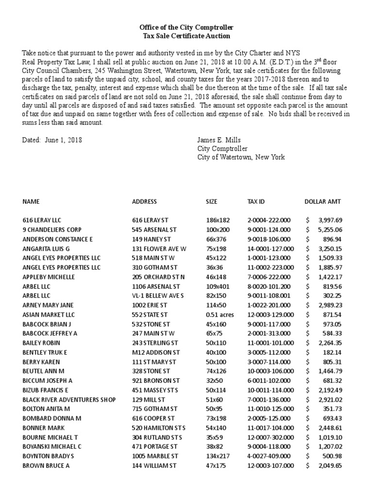 UPDATE City of Watertown Tax Sale Certificate Auction June 21 PDF