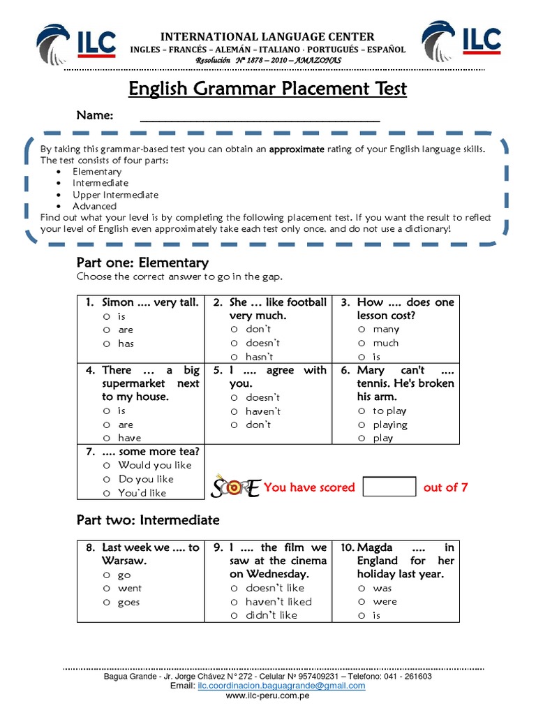 English Grammar Placement Test ILC PDF