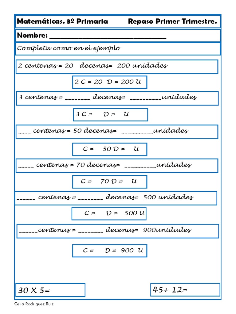 Repaso Matemáticas 3º Primaria Trimestre 1 | PDF | Peces y humanos ...