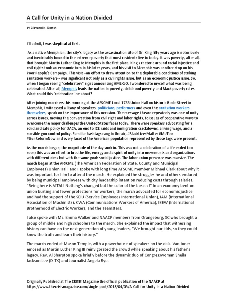 A Call For Unity in A Nation Divided PDF Martin Luther King Jr
