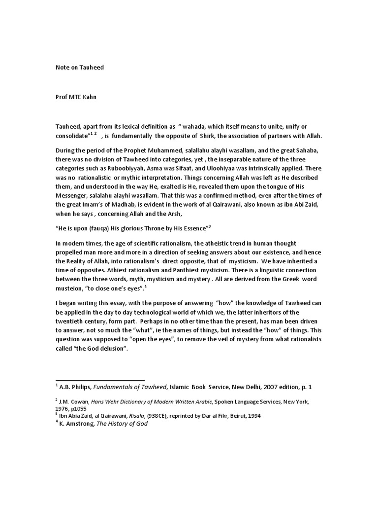 Note On Tauheed | PDF | Tawhid | Allah