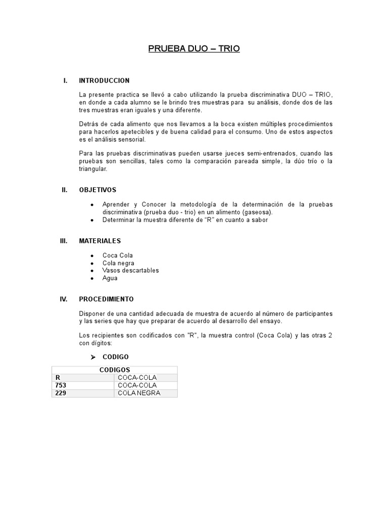 Análisis Sensory: Prueba Duo-Trio Gaseosas | PDF | Coca Cola | Refresco