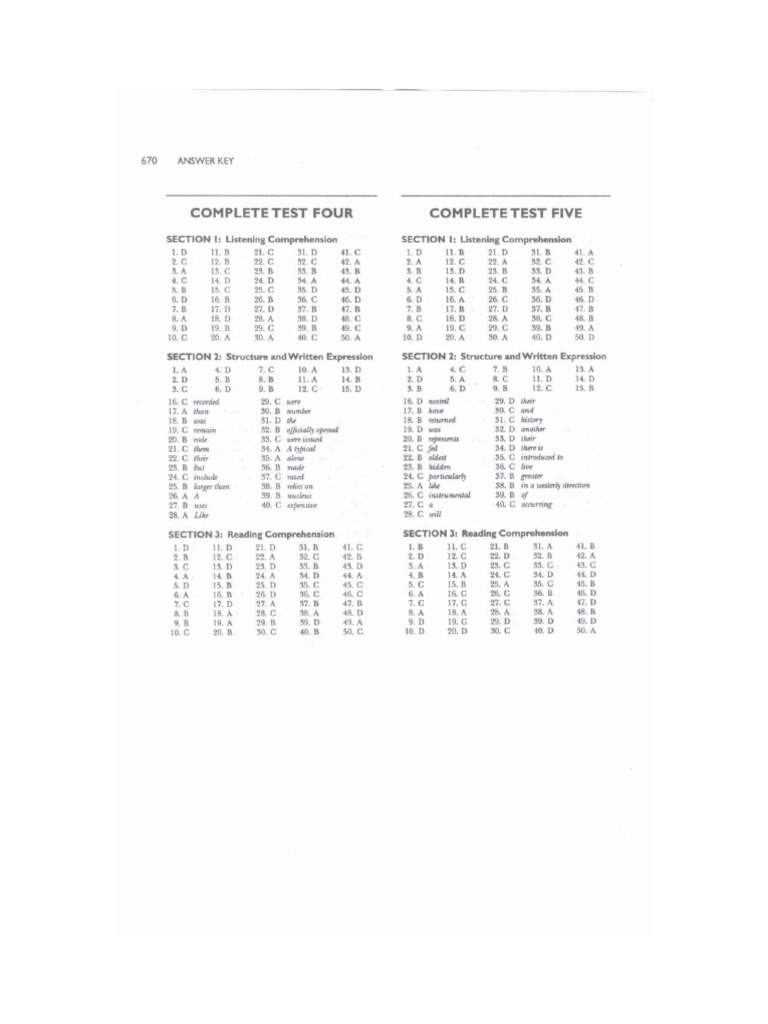 Complete Test Four Complete Test Five: 670 Answer Key | PDF | Language ...