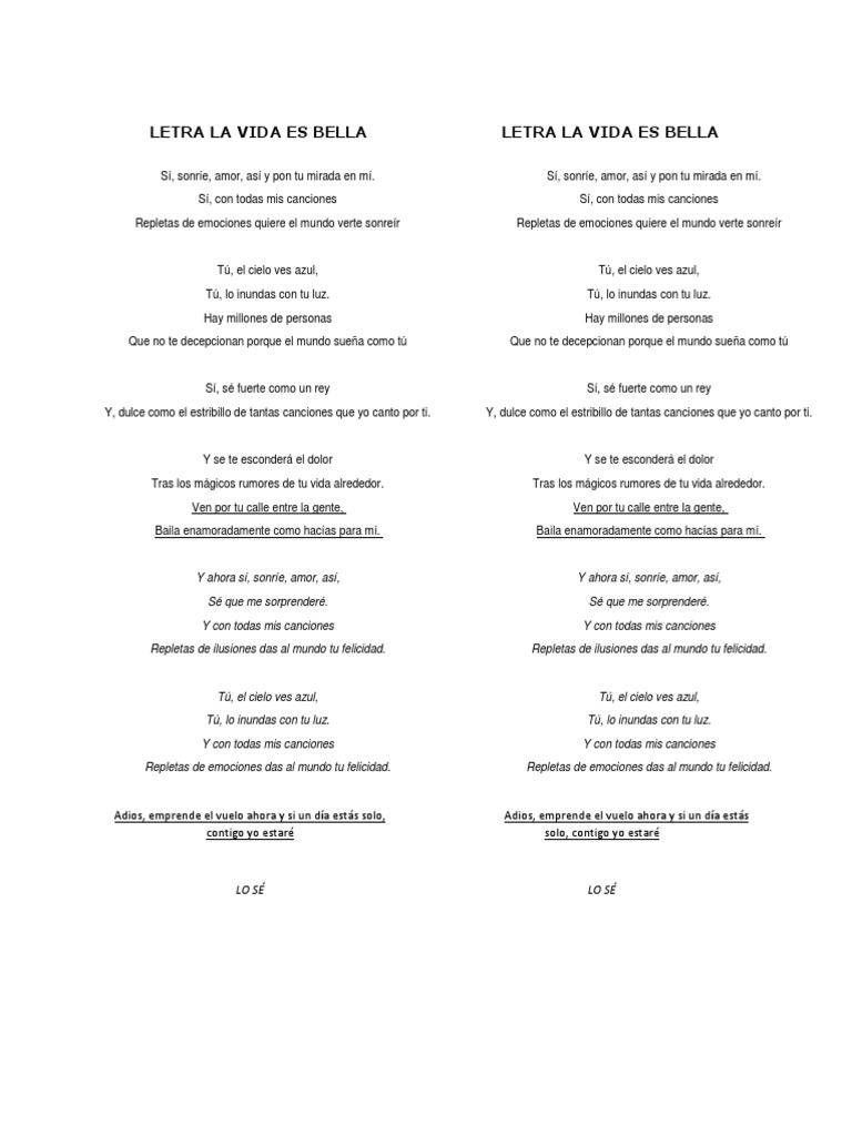 Cancion Porque Yo Si En Este Mundo Hay Millones Letra La Vida Es Bella | PDF | Ocio