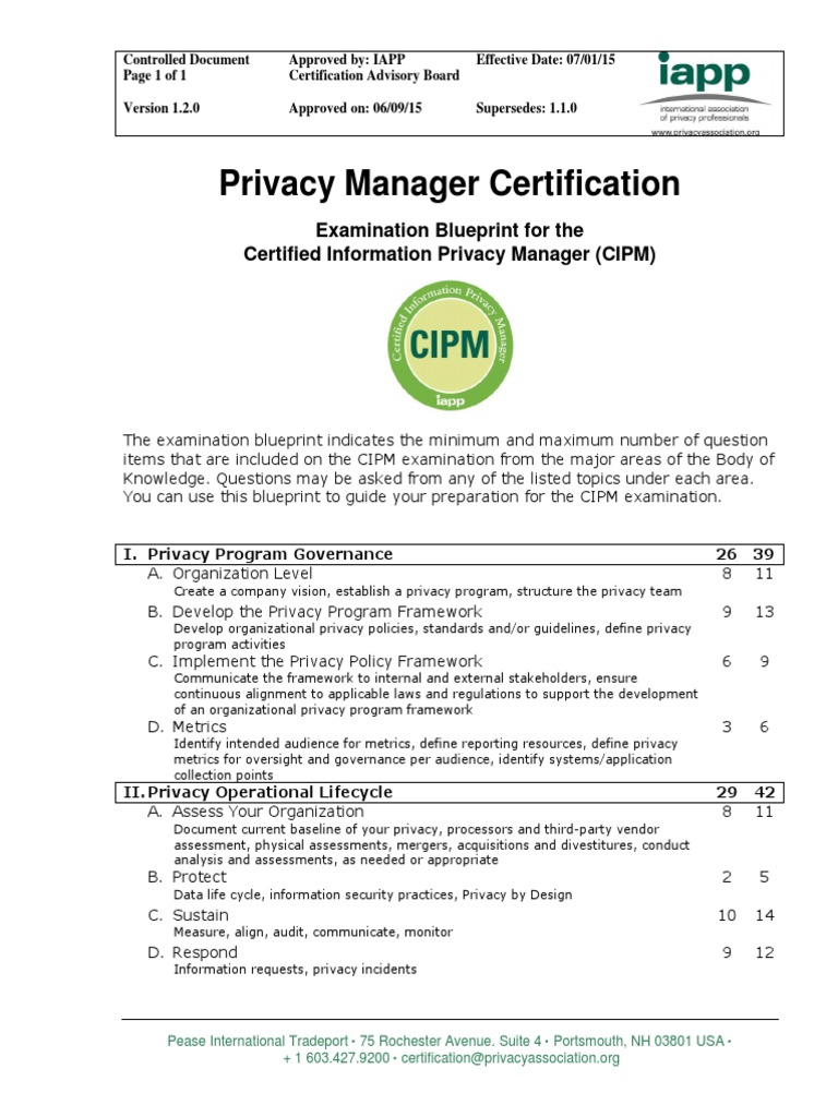 Privacy Manager Certification: Examination Blueprint For The Certified ...