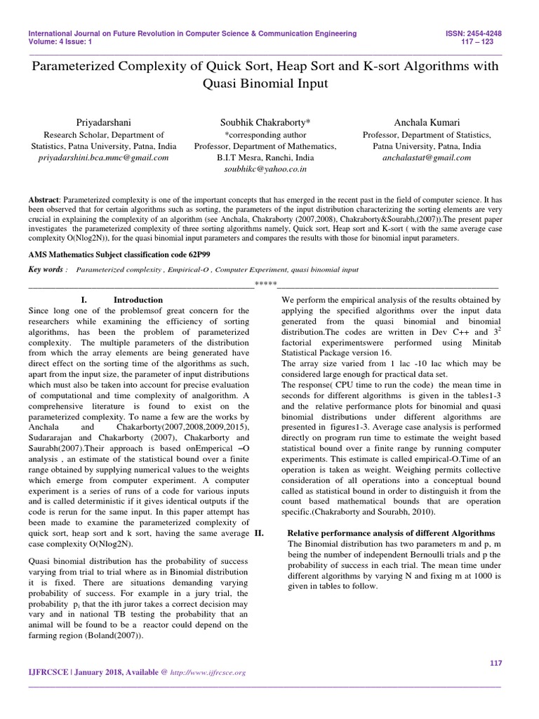 Parameterized Complexity of Quick Sort, Heap Sort and K-Sort Algorithms ...