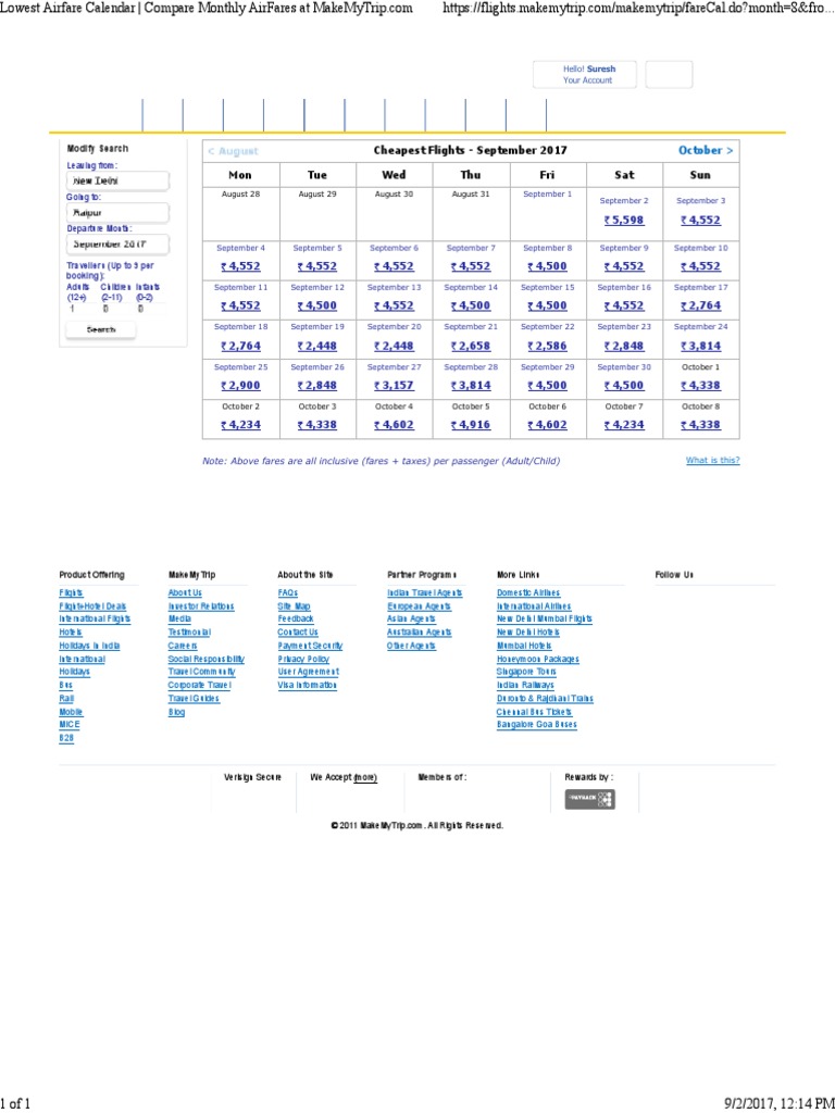 Lowest Airfare Calendar Compare Monthly AirFares at MakeMyTrip PDF