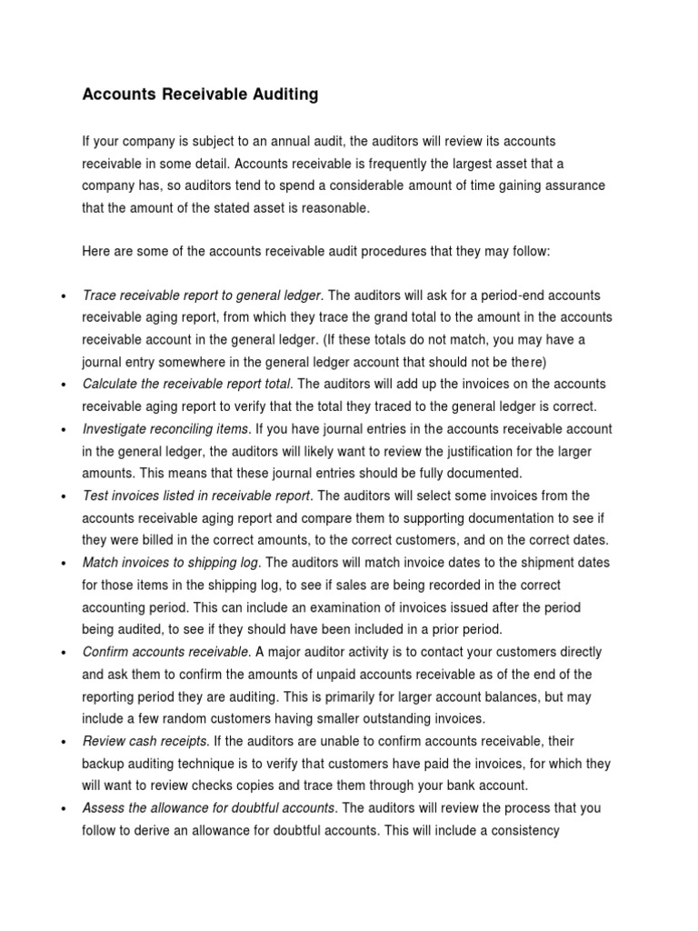 Accounts Receivable Audit Procedures | PDF | Financial Audit ...
