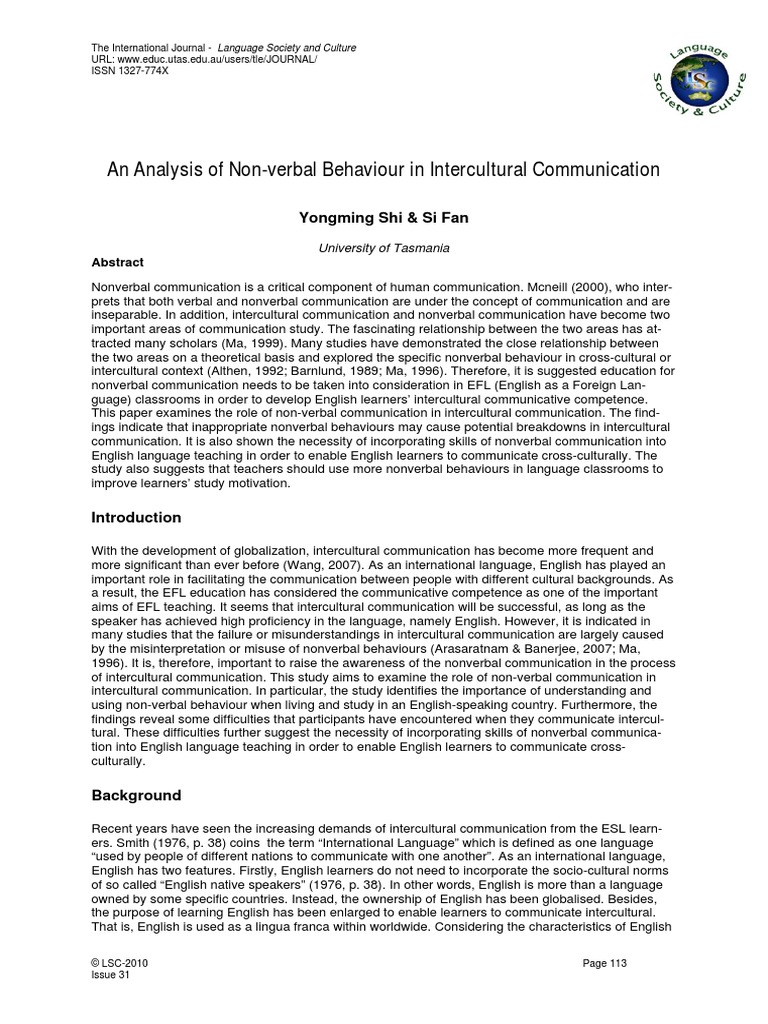 An Analysis of Non-Verbal Behaviour in Intercultural Communication PDF ...