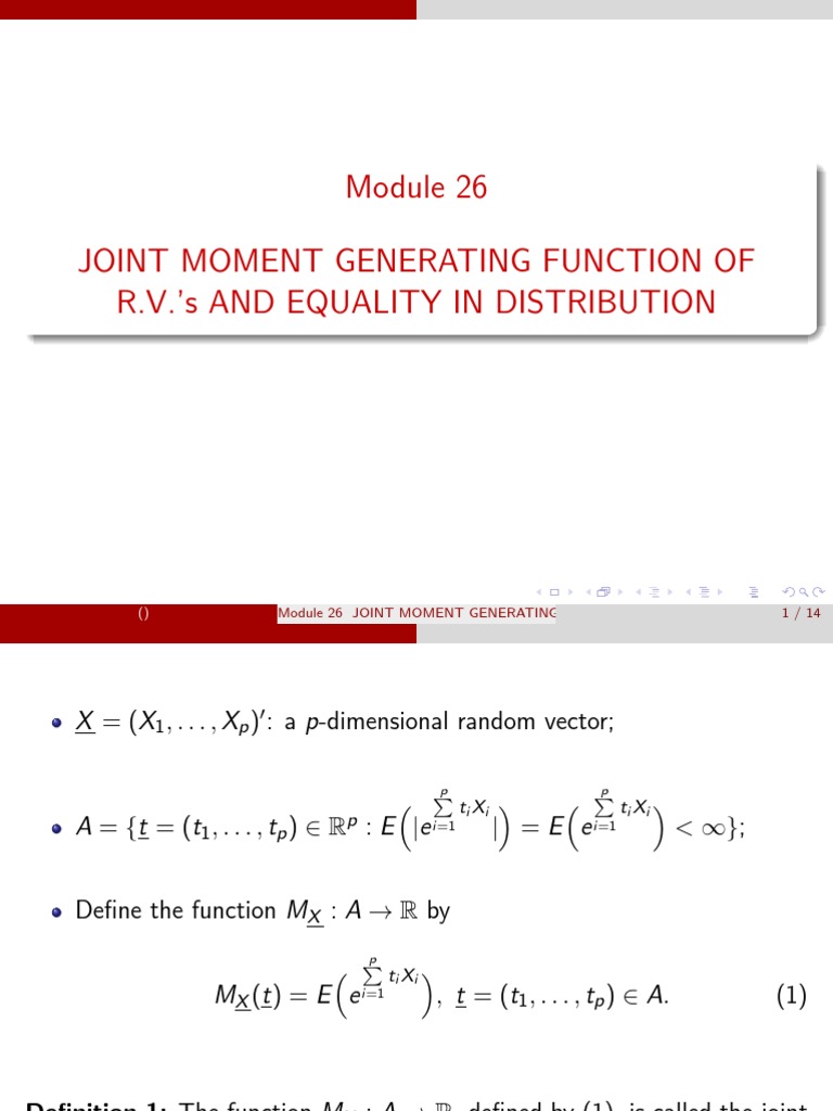 Joint Moment Generating Function of R.V.'S and Equality in Distribution