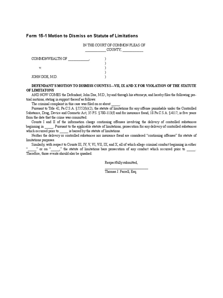 Form 15 1 motion to dismiss on statute of limitations pdf